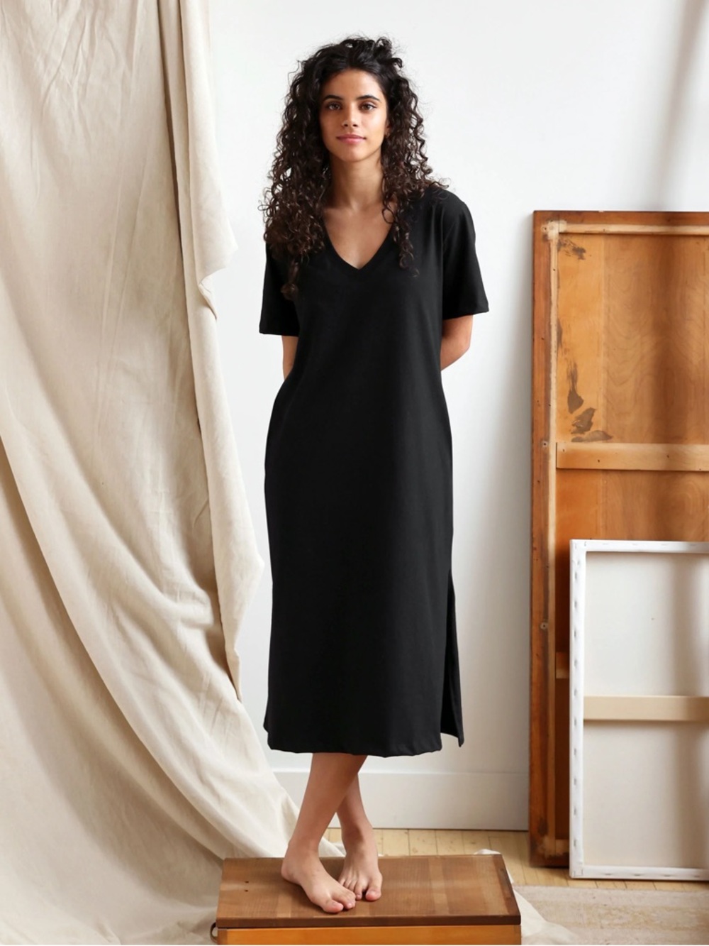 Black V-Neck Midi Tee Dress